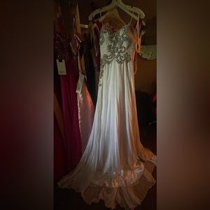 MacDuggal, white chiffon with beautiful stoned design.